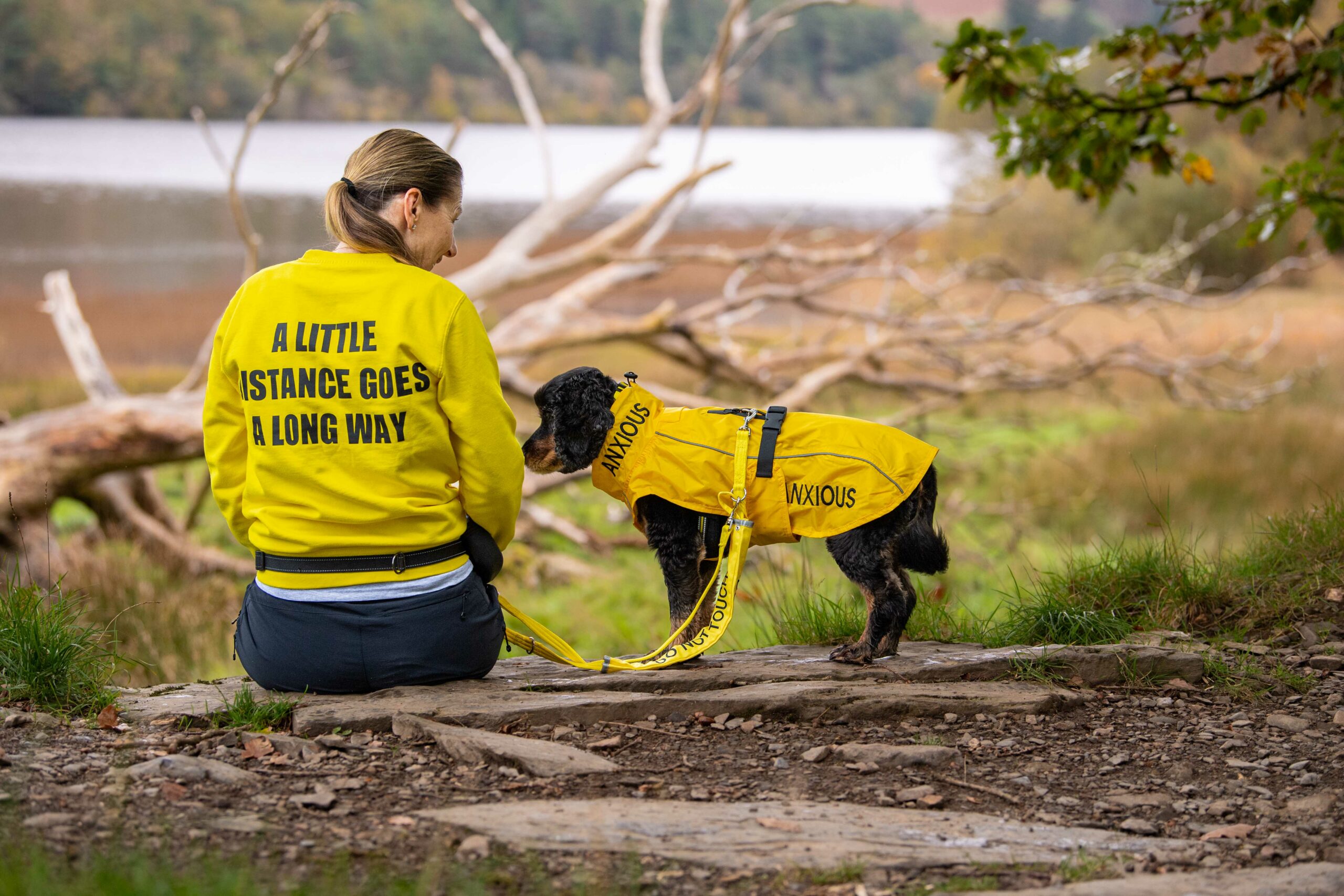 woman and dog in yellow jackets