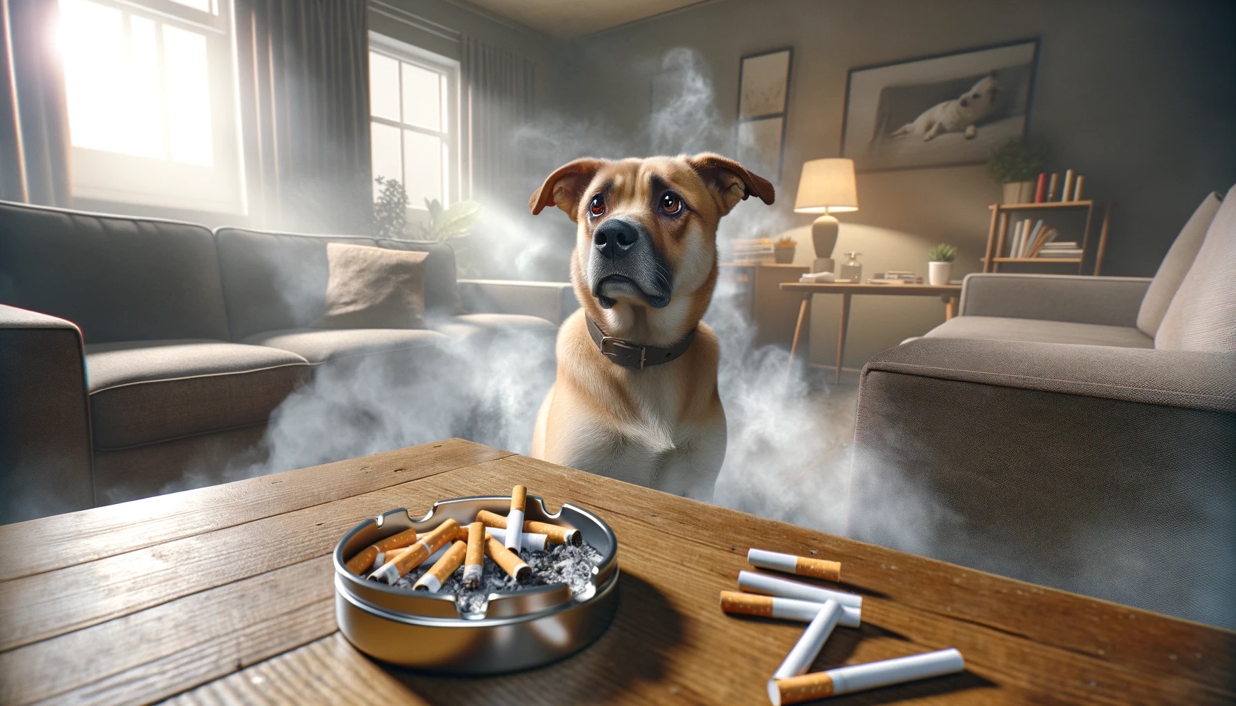 dog surrounded by cigarette smoke