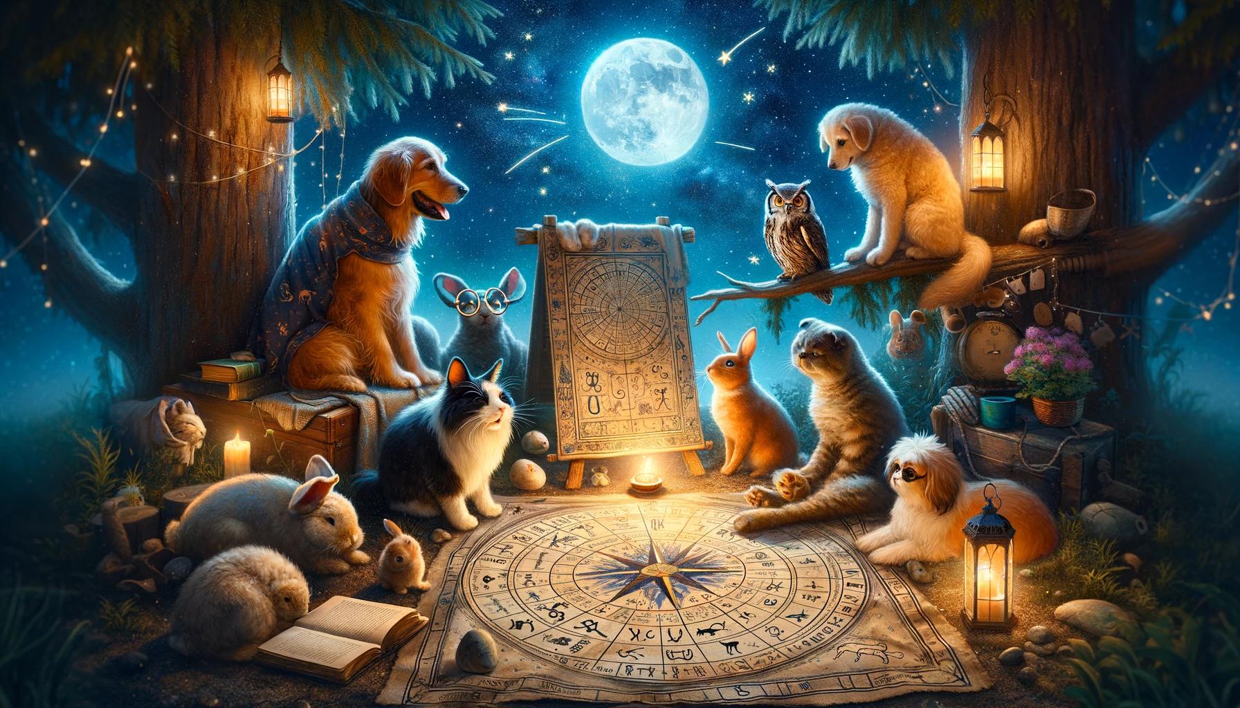 pets around a light with moon in background